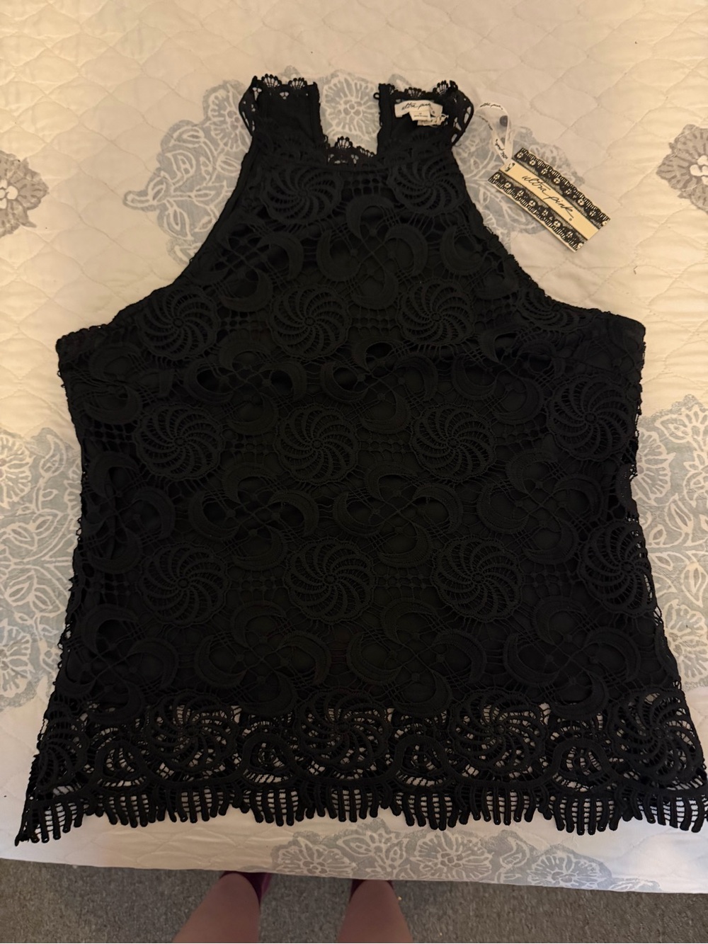Ultra Pink Black Lace Halter Tank Top